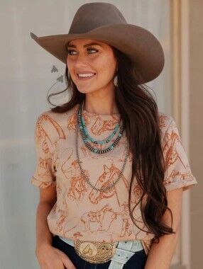 2Fly Co NWT 2X Western Cowboy Horse Print Tee Top Tan Rust Rodeo
